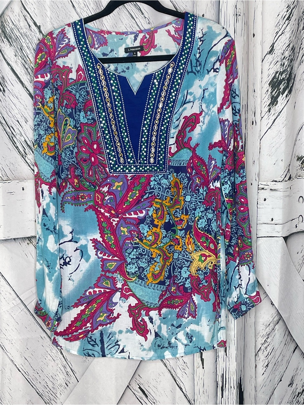 J. Peterman Bright Paisley Boho Tunic Top Blue Pink Floral Beach Coverup Small
